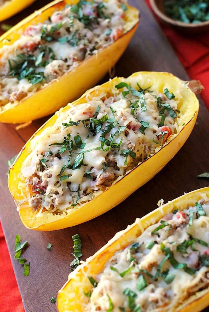 Spaghetti squash boats with spicy sausage