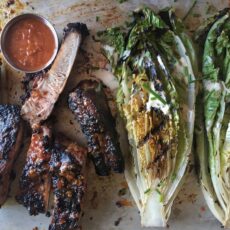 Tasty bbq ribs with grilled romaine