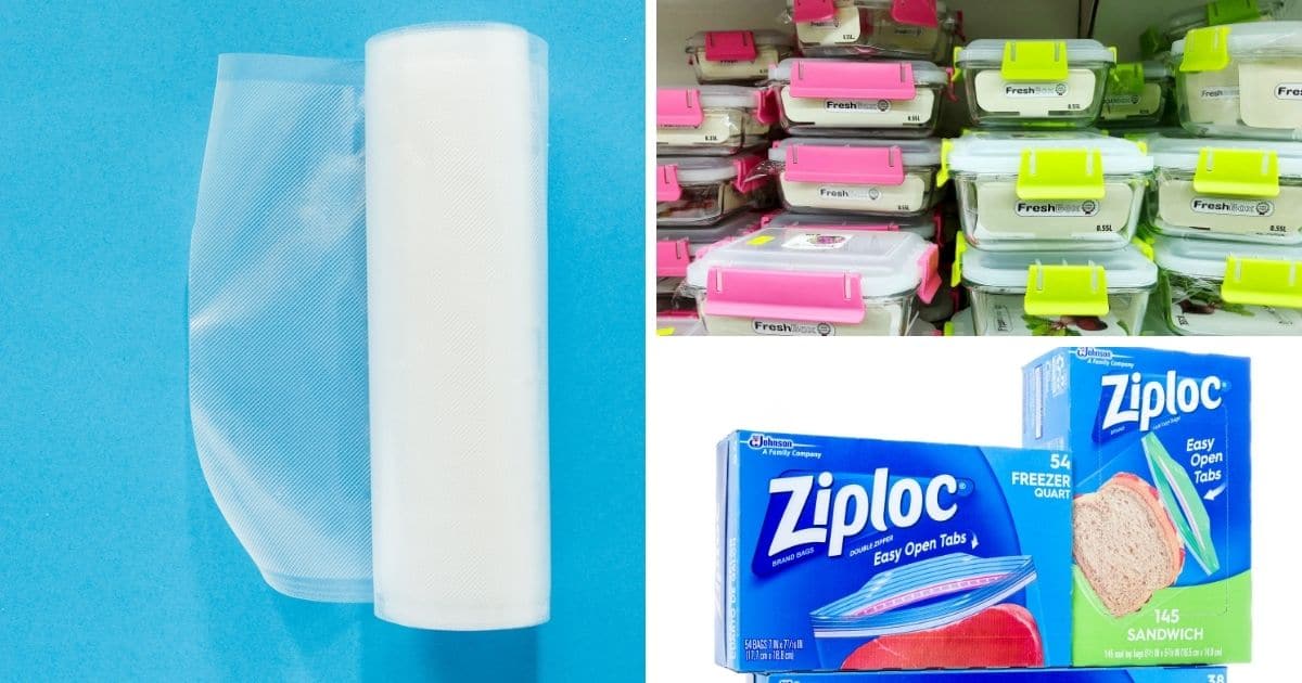 A picture of a vacuum bag roll, air tight container and zip loc bags