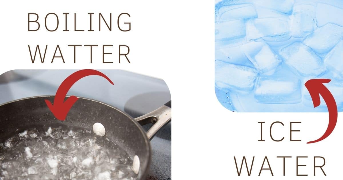 A picture of boiling water and ice cold water. The two method needed for blanching!
