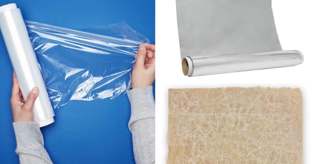 Pictures of cling film, wax paper and foil