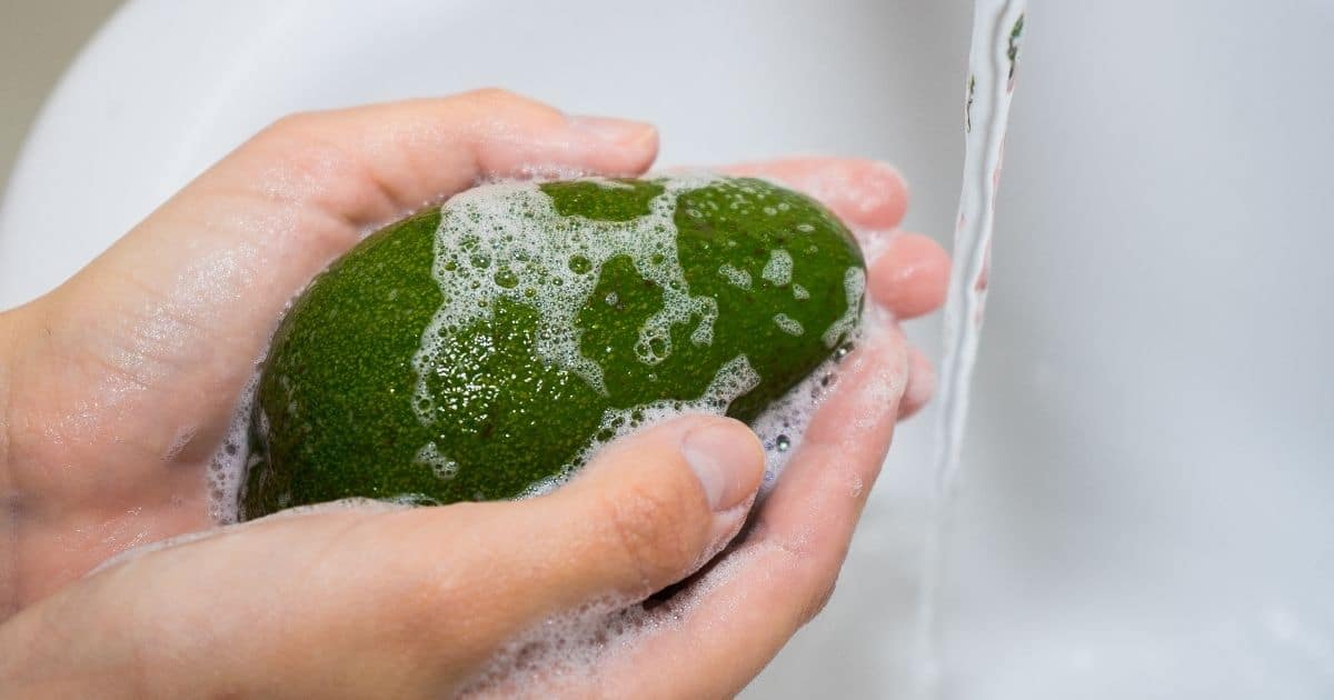 A whole avocado being washed