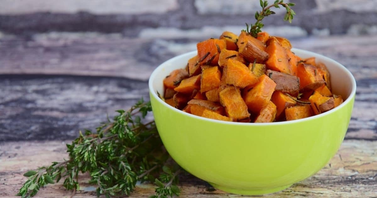 Baked sweet potatoes in a bowl