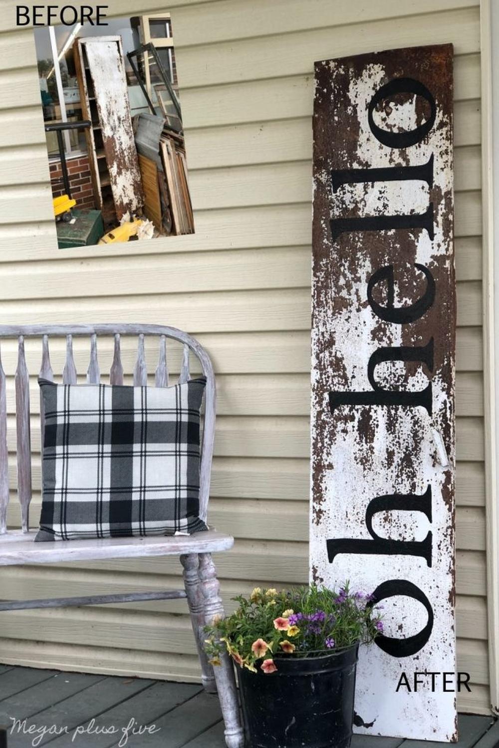 Leaning rustic front porch oh hello welcome sign 