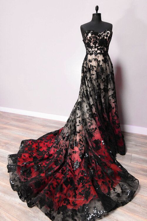 Red black and white wedding dress with lace