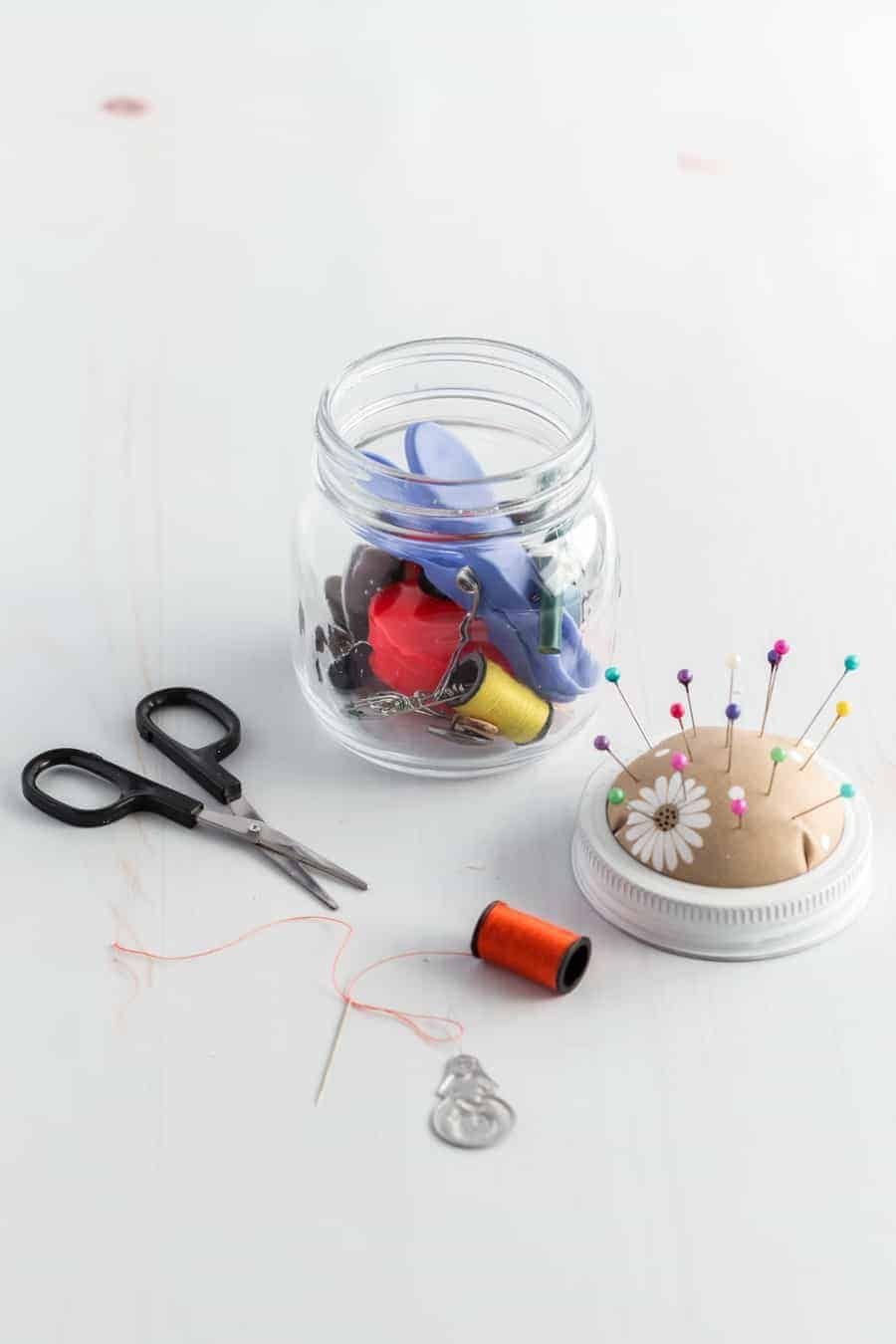 Diy sewing kit in a jar