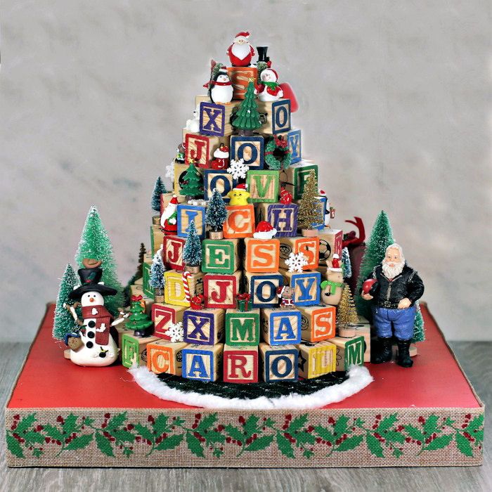 Diy tabletop christmas tree using alphabet blocks