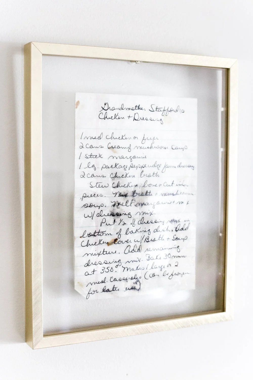 Diy framed handwritten family recipe