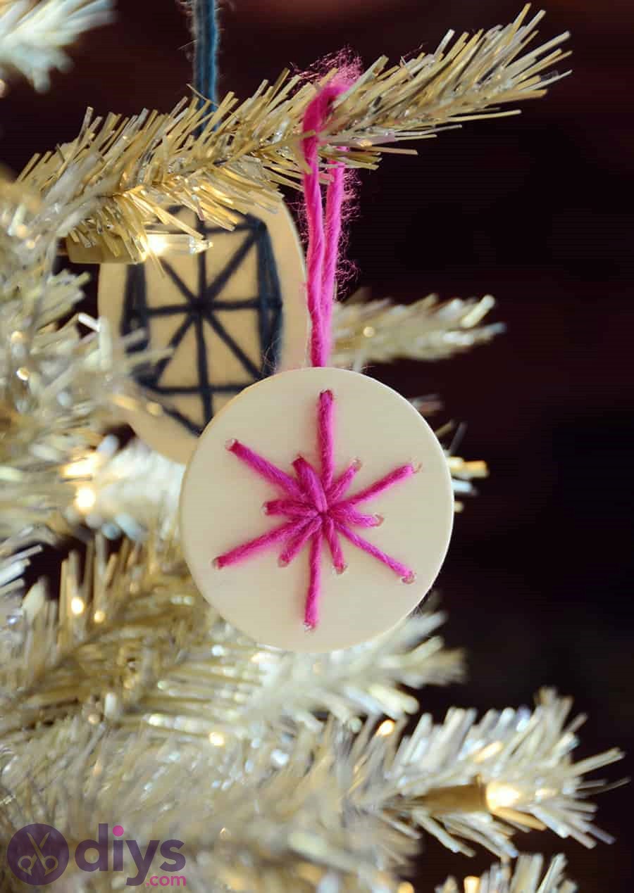 Geometric hand stitched wooden slice diy christmas ornaments 