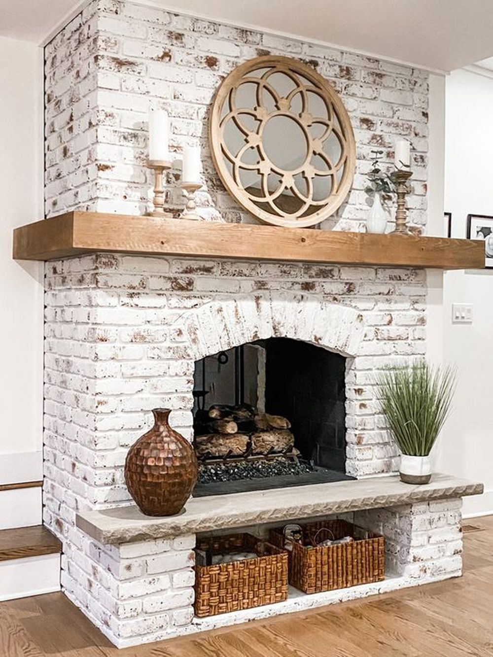 Whitewash brick fireplace 
