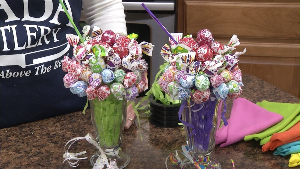 Diy milkshake glass bouquet with lollipops