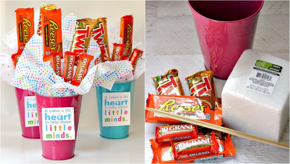 Diy tin bucket bouquet with candy bars