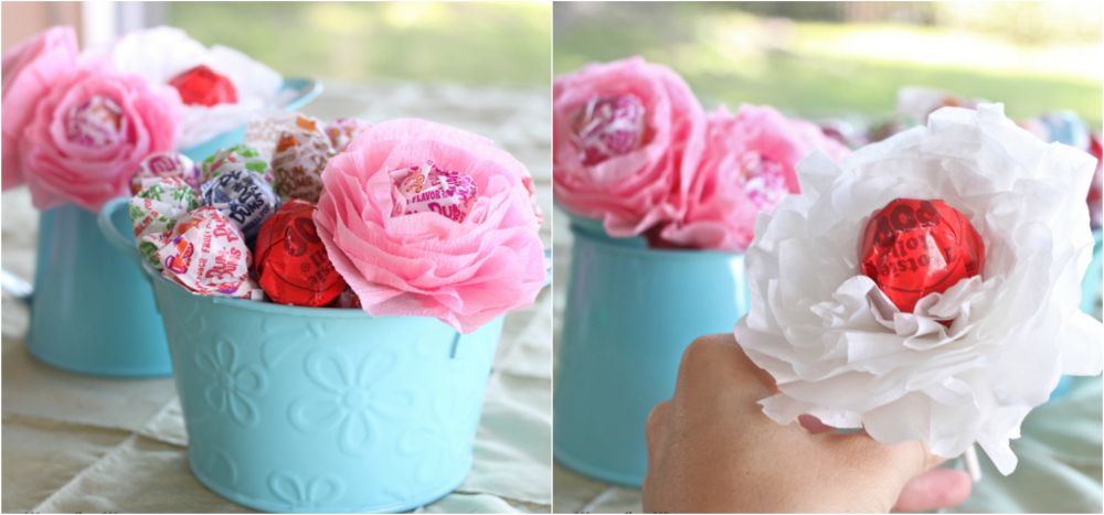 Diy tin bucket bouquet with lollipop flowers