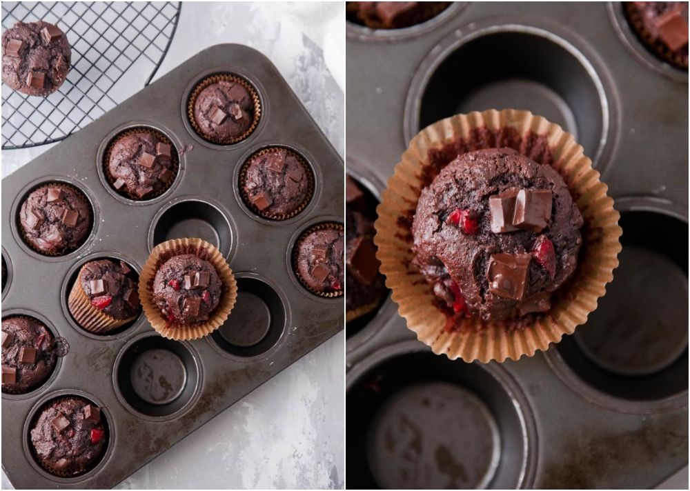 Double chocolate chip muffins with cherries