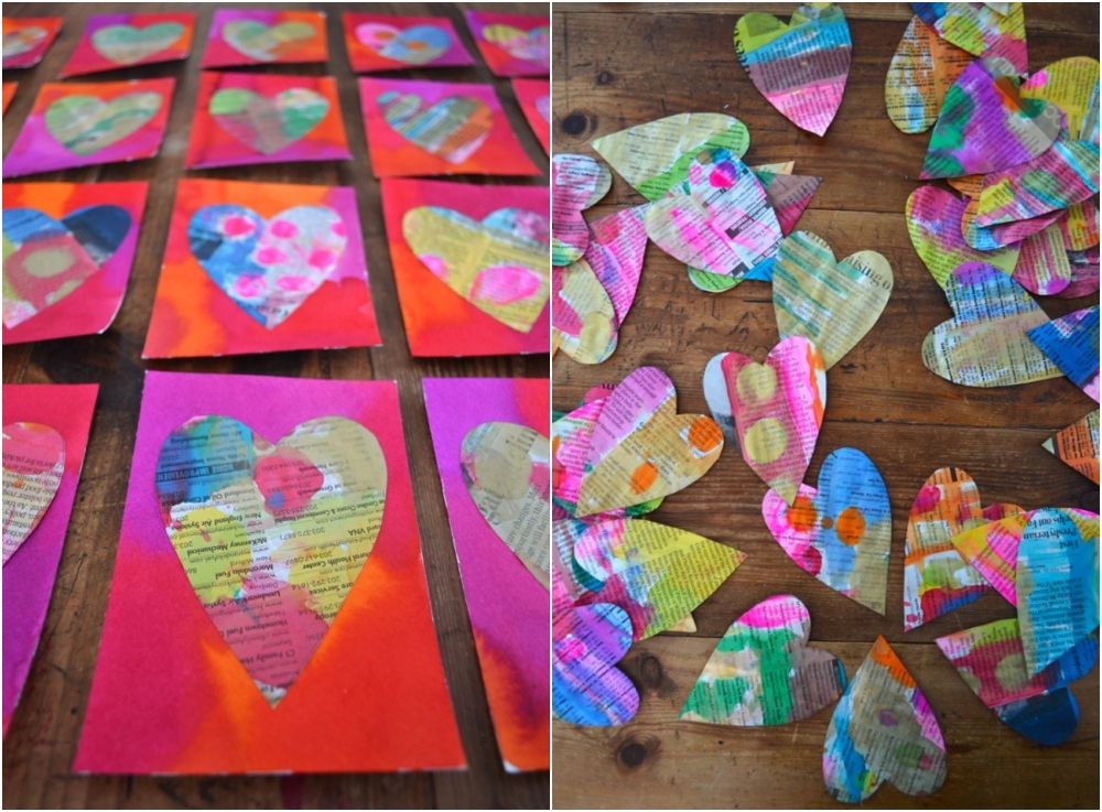 Painted newspaper hearts