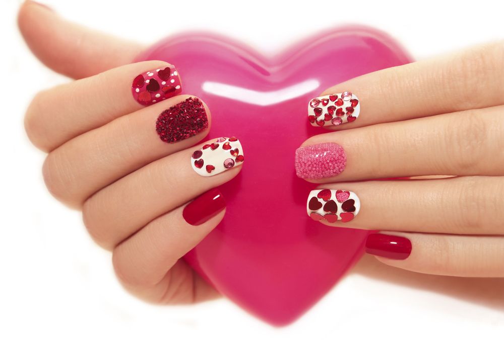Red valentines day nails hearts of all types