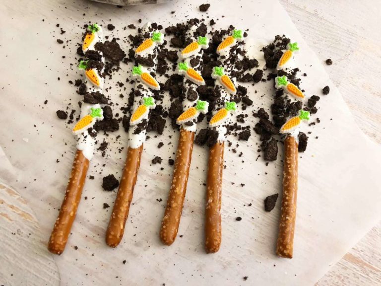 Carrot pretzel rods dipped in chocolate