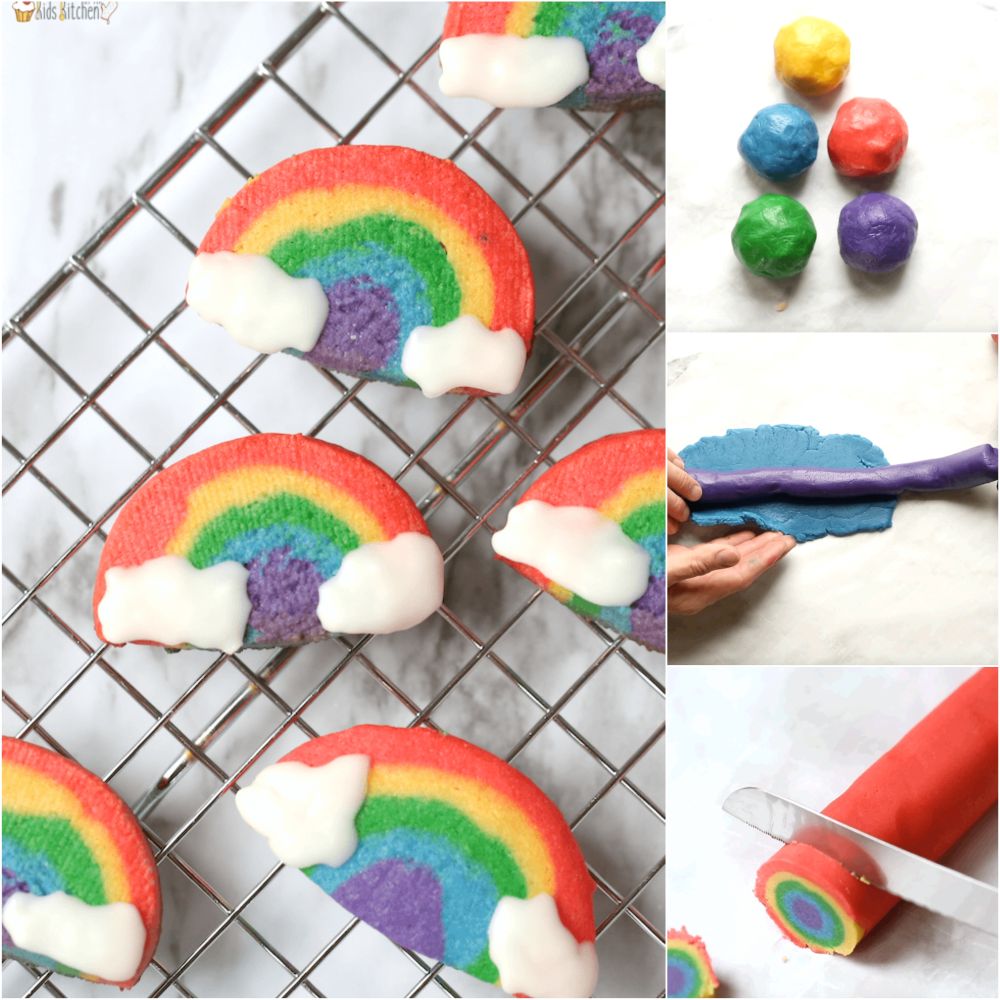 Rainbow cookies with frosting clouds