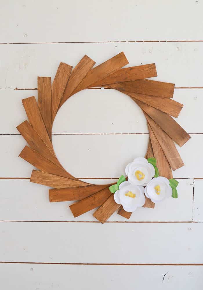 Diy wood shim wreath with paper flowers