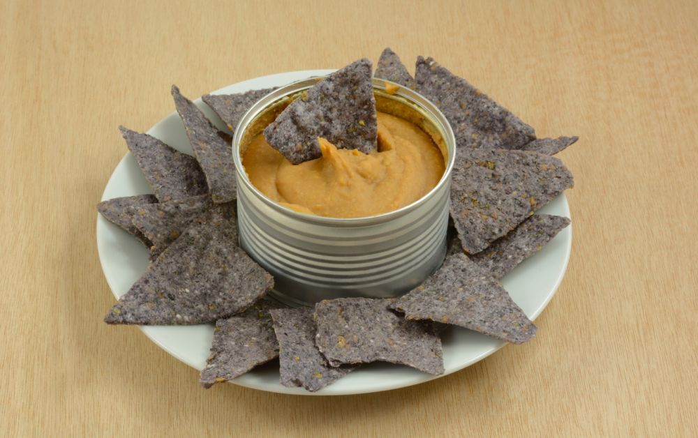 Bean Dip with blue corn tortilla chips