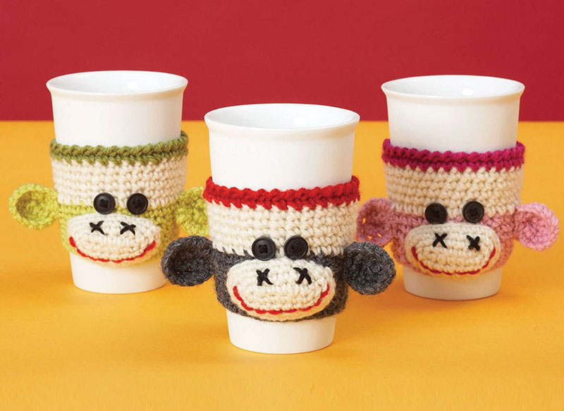 Sock monkey cup cozy crochet pattern